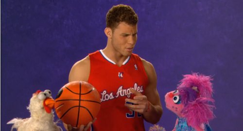 Blake Griffin takes part in a chicken calling competition on Sesame Street