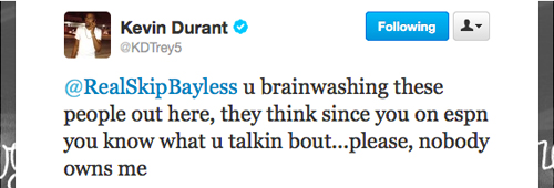 Kevin Durant responds to Skip Bayless after Bayless says LeBron James owns him