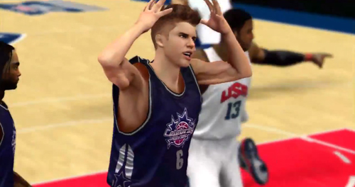 Justin Bieber is part of NBA 2K13's celebrity team and we have a sneak peek of the Biebs in action against Team USA, doing both well and not-so-well