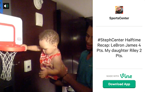 Stephen Curry uses his daughter, Riley, to make fun of LeBron James' first-half performance.