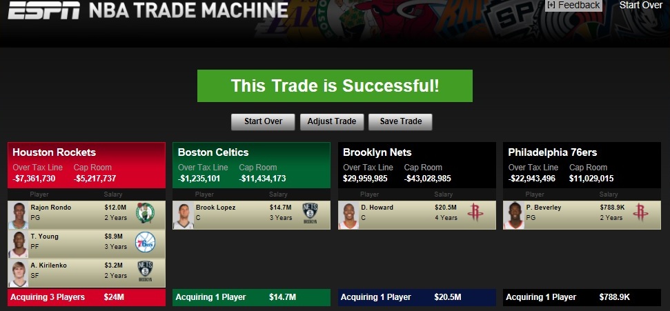 *In order for this trade to work, Houston, and possibly the Boston Celtics, would have to send first round picks to the Philadelphia 76ers.