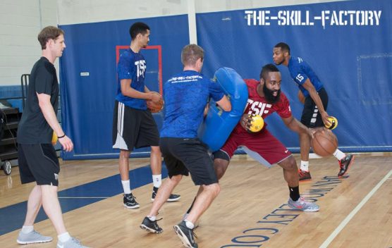(Pictured left to right.) Me-Jeremiah Boswell, Gideon Gamble-D-League, Josh Kam-TSF assistant coach, James Harden, Abraham Milsap-pro player. Courtesy of The-Skills-Factory. Photographer-Kira Burr.