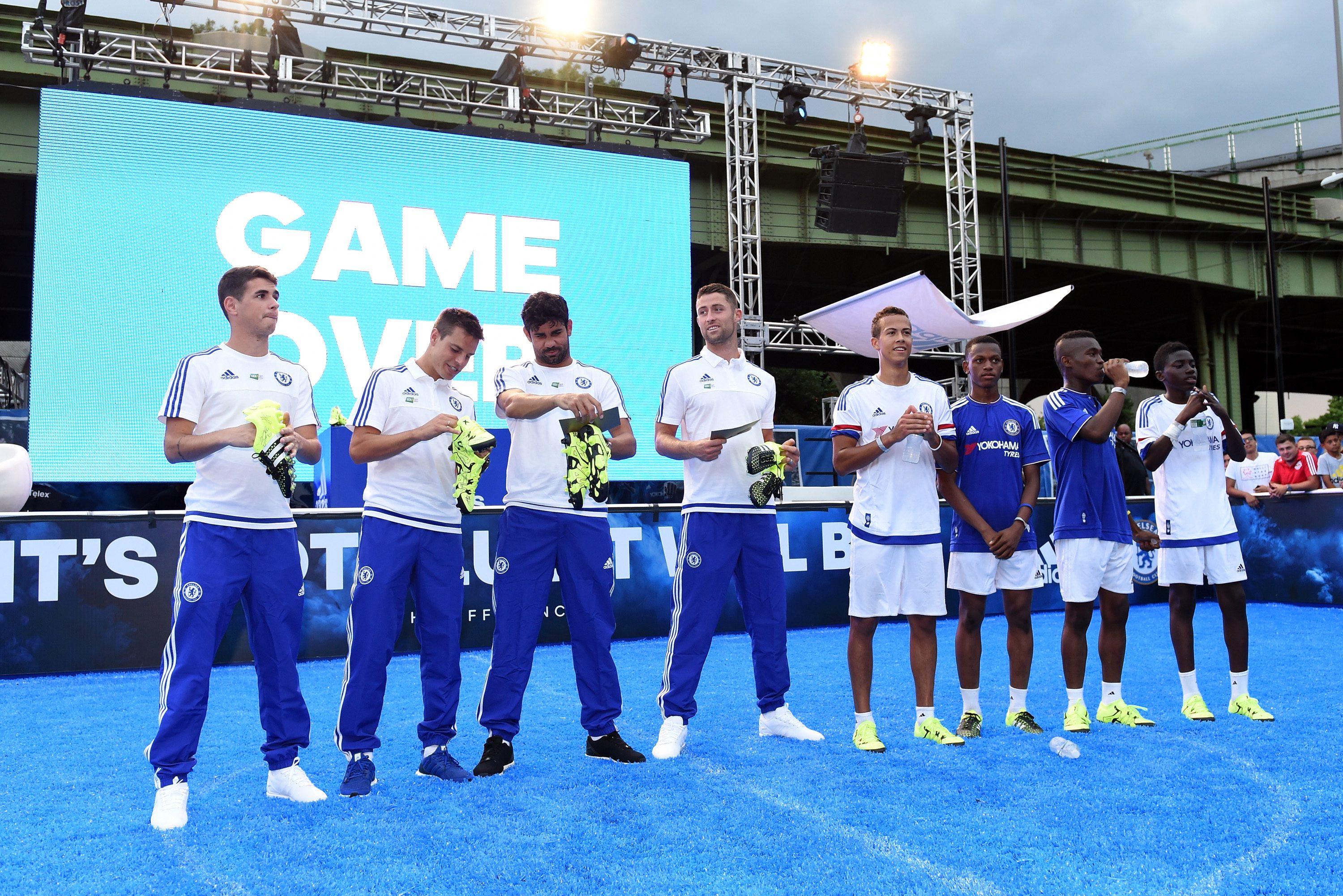 Chelsea's Gary Cahill, Oscar, Diego Costa, Cesar Azpilicueta during the Adidas Be The Difference Event on 21st July 2015 at the FC Harlem Training Ground in Harlem, New York, USA.