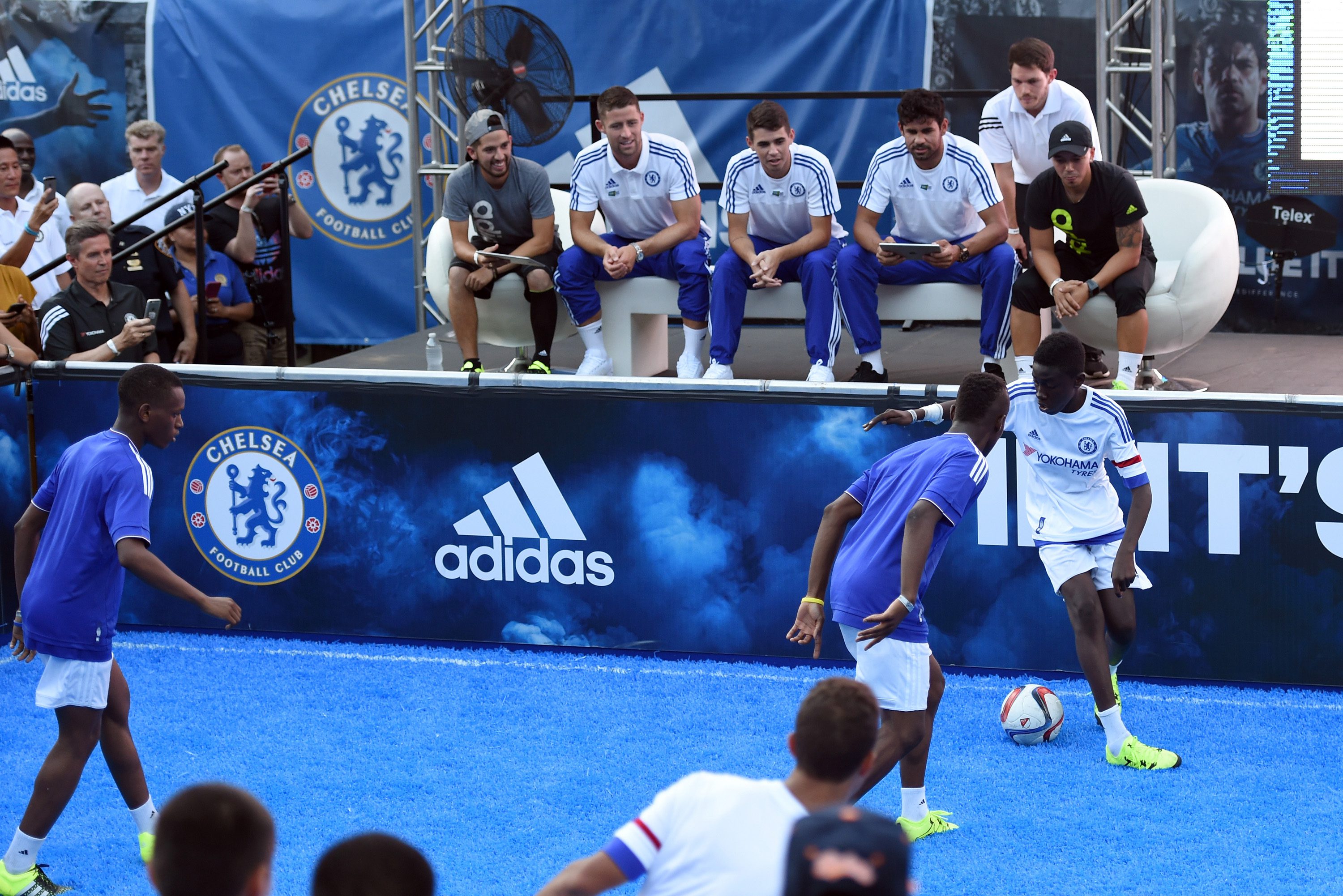 Chelsea's Gary Cahill, Oscar, Diego Costa during the Adidas Be The Difference Event on 21st July 2015 at the FC Harlem Training Ground in Harlem, New York, USA.