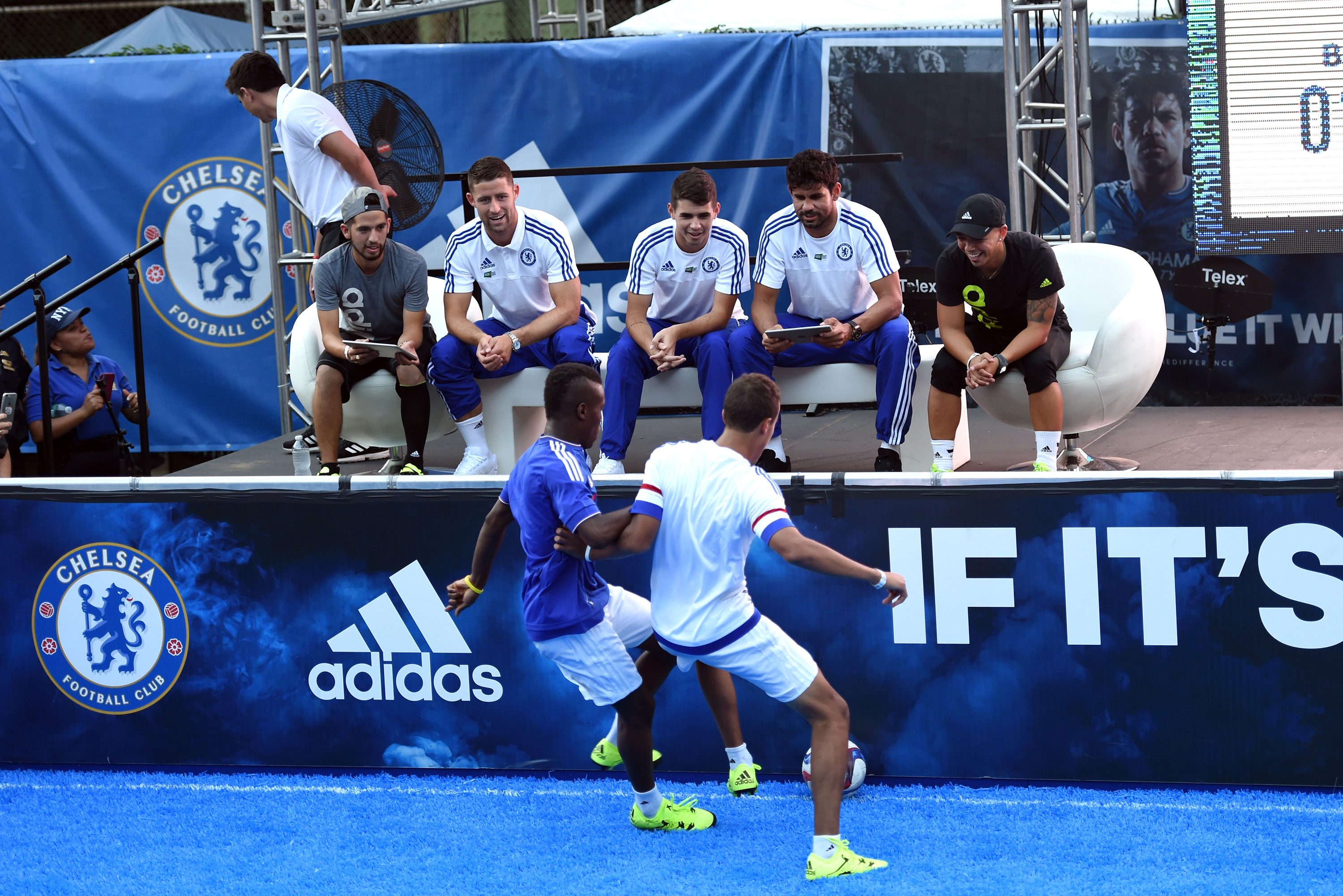 Chelsea's Gary Cahill, Oscar, Diego Costa during the Adidas Be The Difference Event on 21st July 2015 at the FC Harlem Training Ground in Harlem, New York, USA.