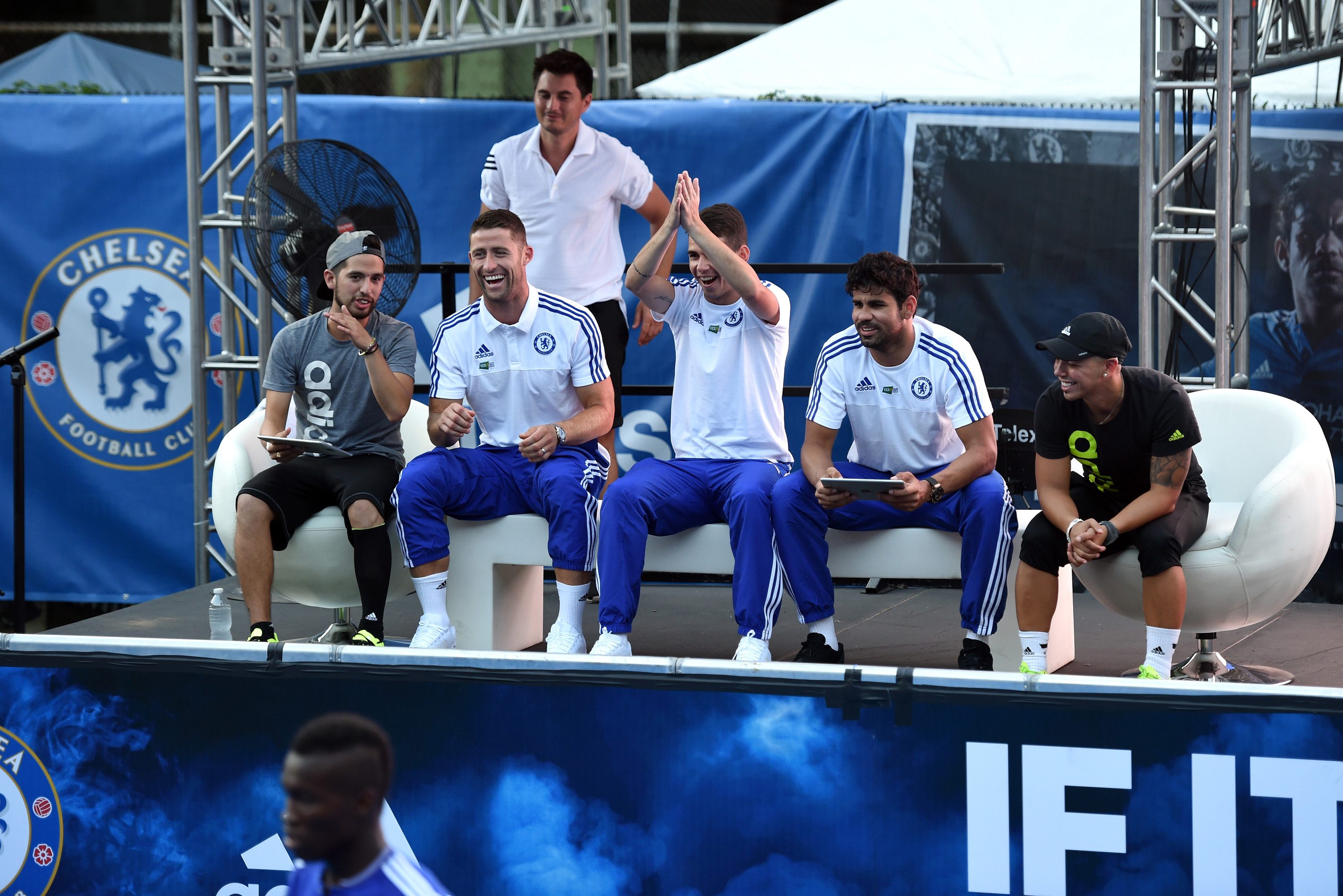 Chelsea's Gary Cahill, Oscar, Diego Costa during the Adidas Be The Difference Event on 21st July 2015 at the FC Harlem Training Ground in Harlem, New York, USA.