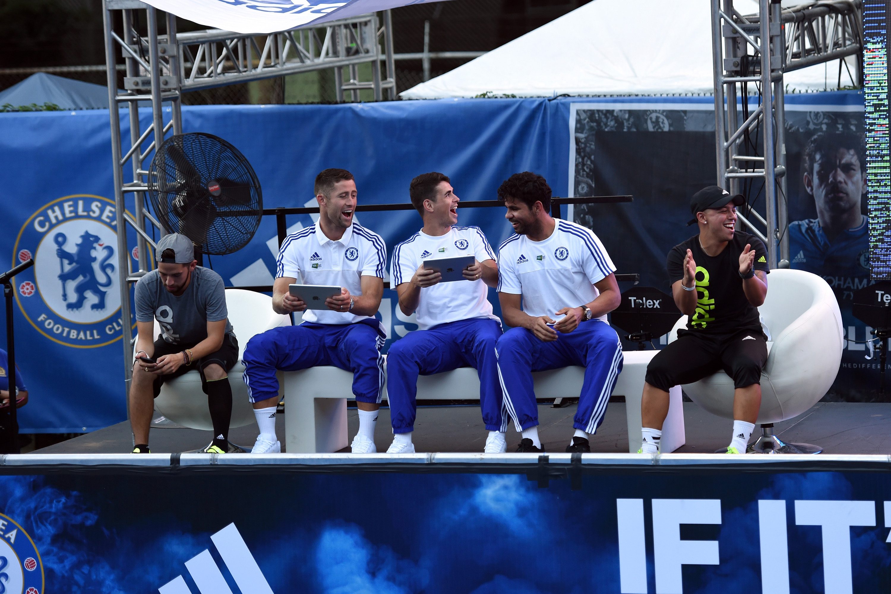 Chelsea's Gary Cahill, Oscar, Diego Costa during the Adidas Be The Difference Event on 21st July 2015 at the FC Harlem Training Ground in Harlem, New York, USA.
