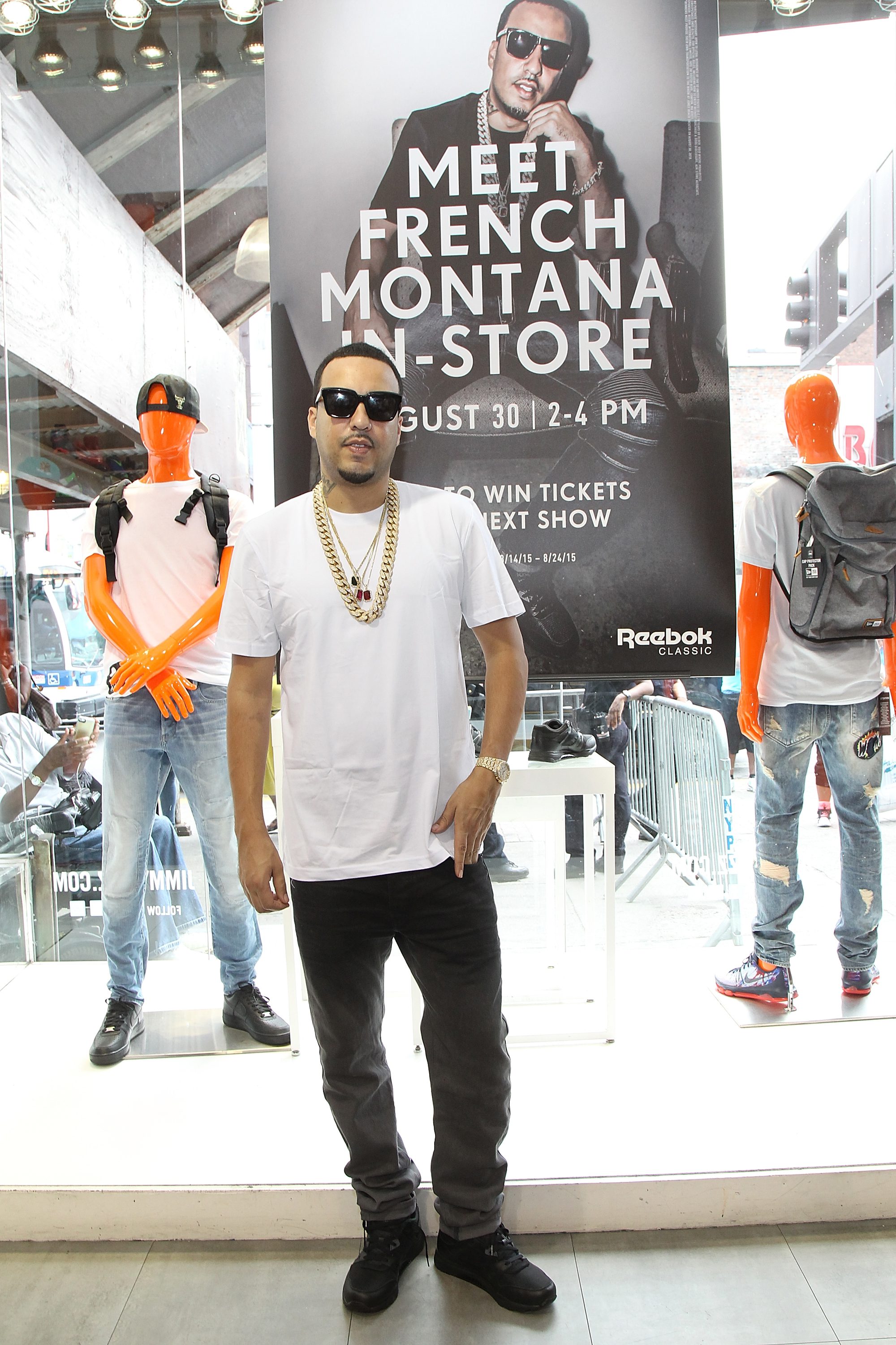 NEW YORK, NY - AUGUST 30:  French Montana launches Ventilator ST at Jimmy Jazz in Harlem on August 30, 2015 in New York City.  (Photo by Bennett Raglin/Getty Images for Reebok)