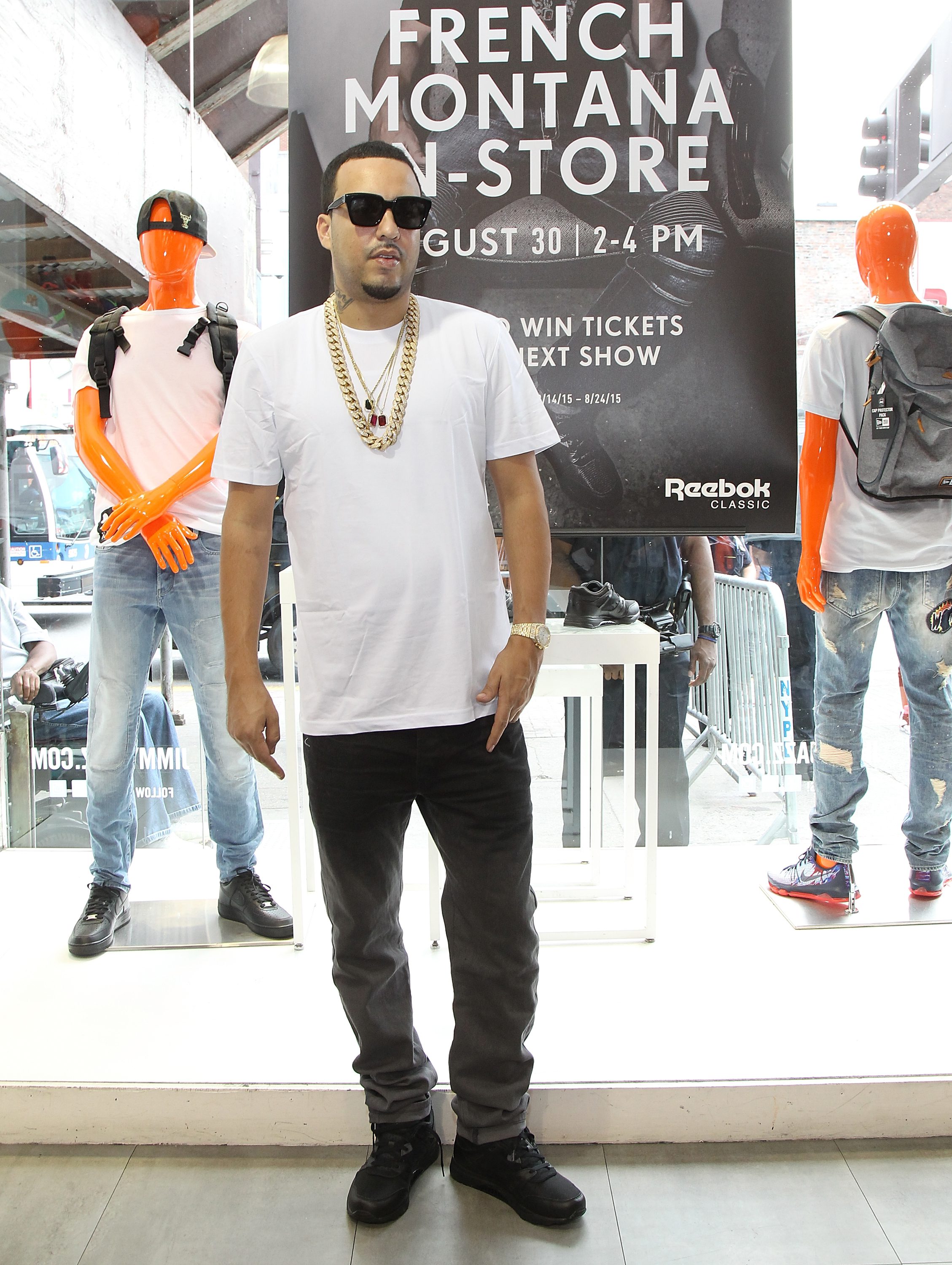 NEW YORK, NY - AUGUST 30:  French Montana launches Ventilator ST at Jimmy Jazz in Harlem on August 30, 2015 in New York City.  (Photo by Bennett Raglin/Getty Images for Reebok)