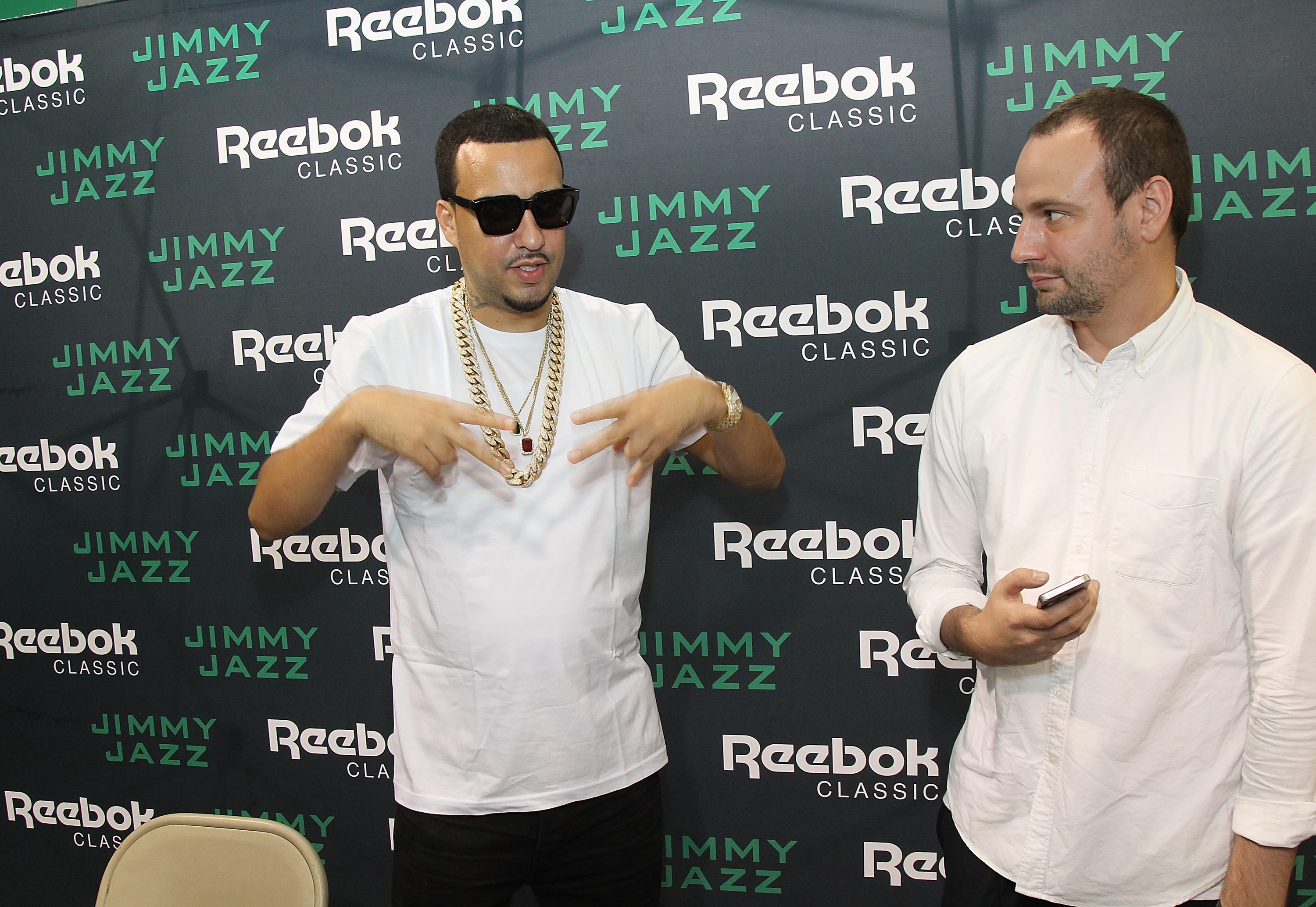 NEW YORK, NY - AUGUST 30:  French Montana (L) launches Ventilator ST at Jimmy Jazz in Harlem on August 30, 2015 in New York City.  (Photo by Bennett Raglin/Getty Images for Reebok)