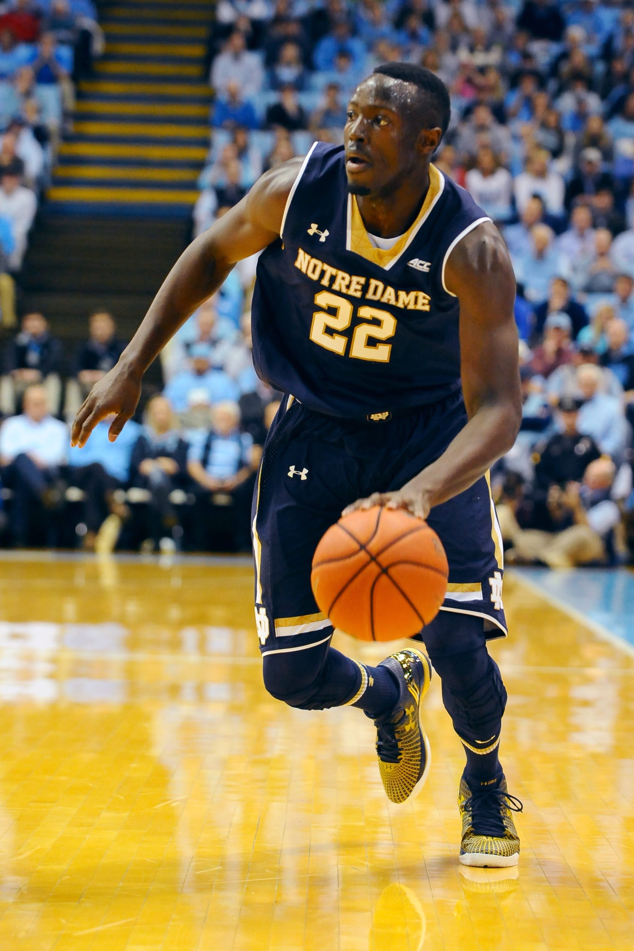 005 January 2015: Mike Brey wants his Notre Dame players to establish a pattern of consistent success in the Atlantic Coast Conference. Winning at North Carolina in Year 2 is a big step toward that goal. Zach Auguste's basket off an offensive rebound with 1:07 left helped the No. 13 Fighting Irish hold off the No. 18 Tar Heels 71-70 on Monday night at Dean E. Smith Center in Chapel Hill, North Carolina. Credit - Tim Cowie/Tim Cowie Photography